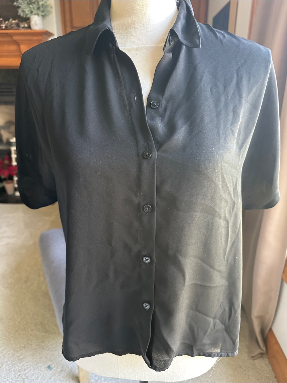 Express Black Short Sleeve Collared Button Up Silk Blend Blouse Top XS